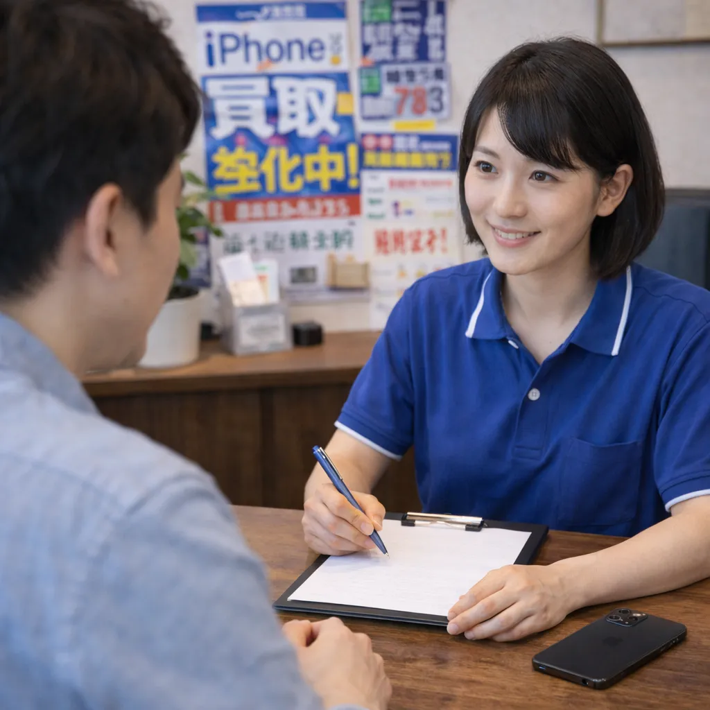 納得しながらiPhoneの査定相談をしているイメージ