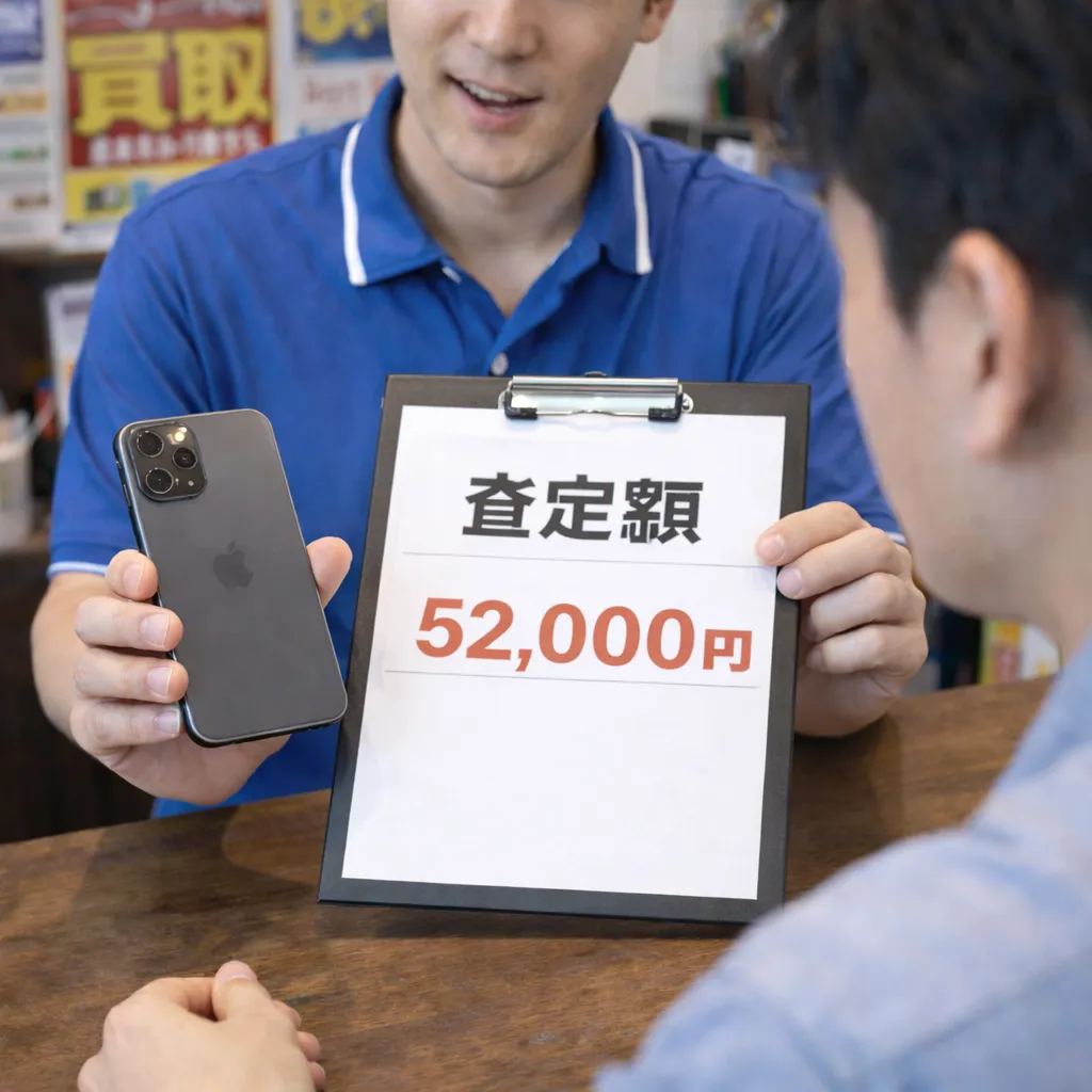 買取店のカウンターで説明を受けながら相談しているイメージ