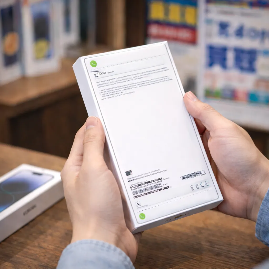 iPhoneの外箱や未開封状態を確認しているイメージ